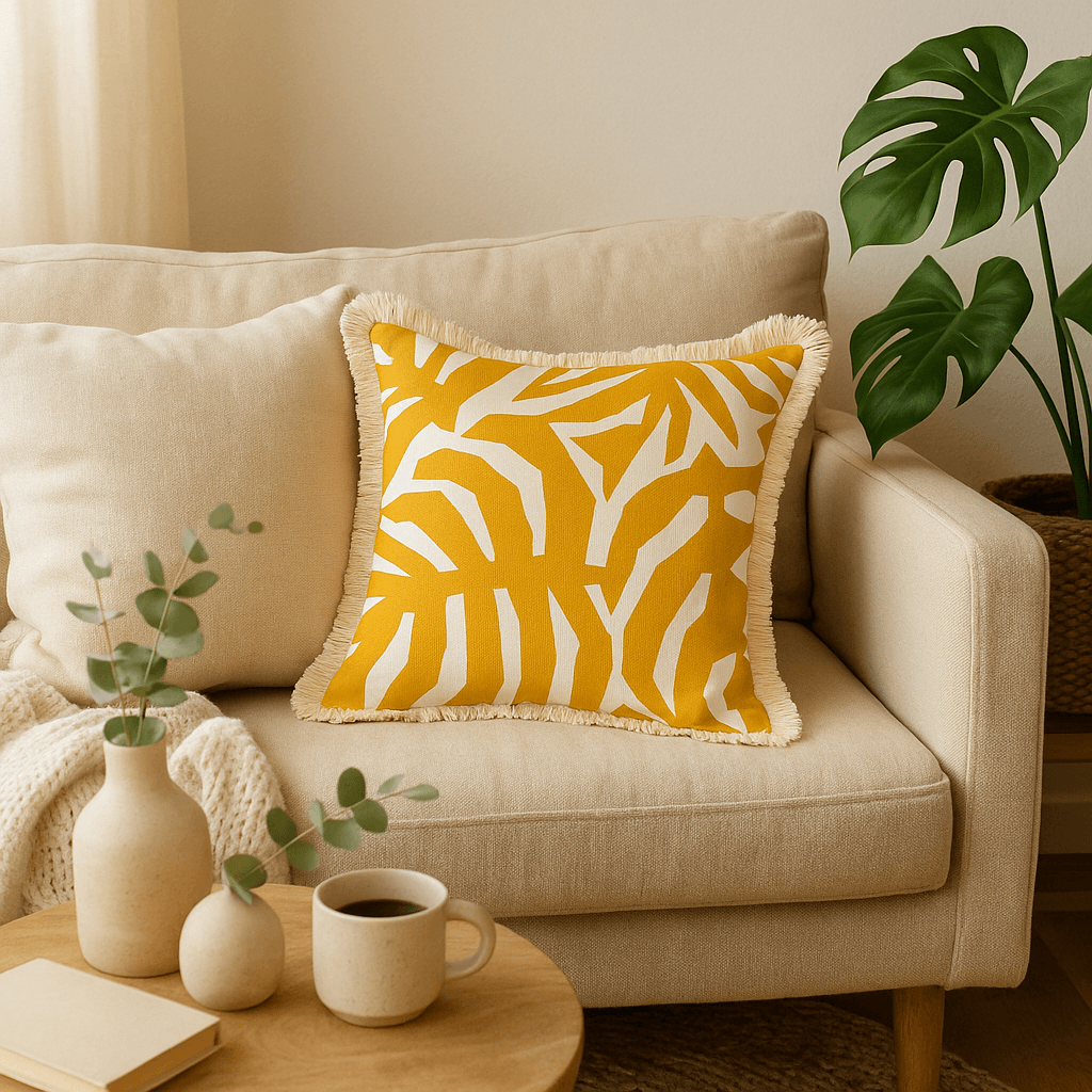Housse de coussin à franges – Casa Palms Gold White – 45×45 cm - HousseCosy