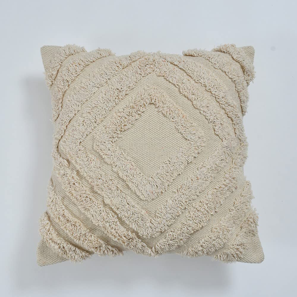 Housse de coussin bohème tuftée | 40×40 cm | Crème | Coton texturé | Fait main - HousseCosy