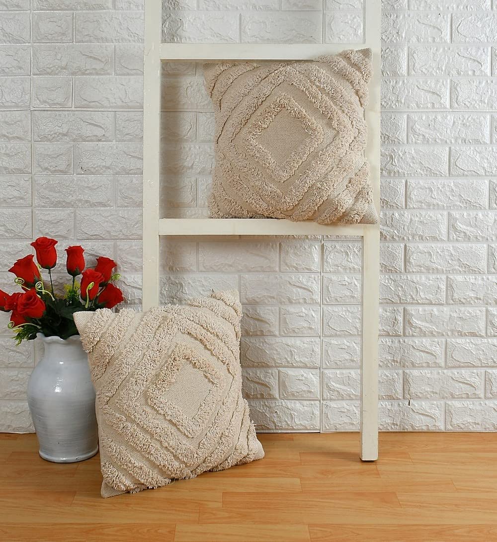 Housse de coussin bohème tuftée | 40×40 cm | Crème | Coton texturé | Fait main - HousseCosy